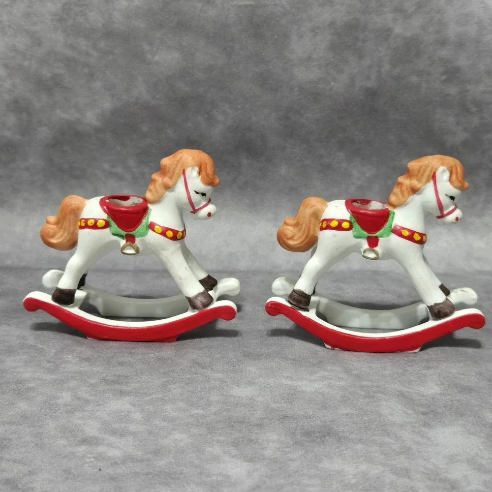 Vintage Holiday Memories Rocking Horse Mini Taper Candle Holders Set of 2